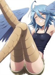 Rule 34 | 10s, 1girl, ahoge, armpits, bird legs, blue hair, blue wings, blush, breasts, cloud, cover image, closed eyes, feathered wings, feathers, grin, happy, harpy, legs, monster girl, monster musume no iru nichijou, official art, papi (monster musume), short shorts, shorts, small breasts, smile, solo, talons, tank top, teeth, winged arms, wings