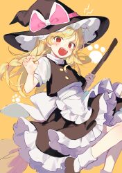 Rule 34 | 1girl, :d, apron, black dress, bobby socks, broom, dress, feet out of frame, flat chest, hat, highres, holding, holding broom, jill 07km, kirisame marisa, open mouth, orange background, red eyes, simple background, smile, socks, solo, touhou, unfinished dream of all living ghost, waist apron, witch hat