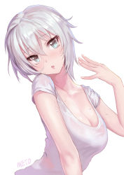 Rule 34 | 10s, 1girl, :o, anastasia (idolmaster), artist name, blush, breasts, cleavage, eyebrows, grey eyes, hair between eyes, head tilt, idolmaster, idolmaster cinderella girls, looking at viewer, meto31, shirt, silver hair, simple background, solo, sweat, upper body, white background, white shirt