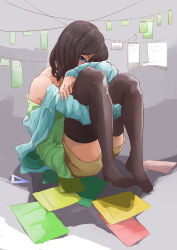 Rule 34 | 1girl, absurdres, bare shoulders, black hair, blue eyes, highres, knees to chest, hugging own legs, looking at viewer, original, partially undressed, short hair, shorts, sketch, solo, thighs, triangle, worini