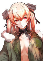 Rule 34 | 1girl, boushi-ya, breasts, brown eyes, choker, fur trim, green jacket, jacket, johnston (kancolle), kantai collection, light brown hair, long hair, long sleeves, medium breasts, simple background, solo, two side up, underwear, united states medal of honor, upper body, white background