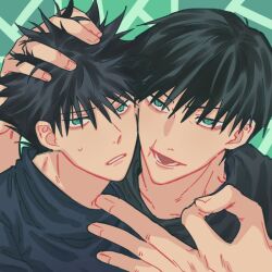 Rule 34 | 2boys, black hair, black jacket, black shirt, commentary request, father and son, fushiguro megumi, fushiguro touji, fushirun rung, green background, green eyes, hand on another&#039;s head, jacket, jujutsu kaisen, looking at viewer, male focus, multiple boys, ok sign, open mouth, scar, scar on face, scar on mouth, school uniform, shirt, short hair, spiked hair, sweatdrop, teeth