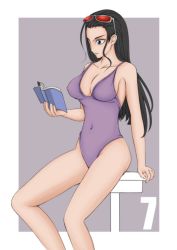 Rule 34 | 1girl, artist request, bare shoulders, black hair, blue eyes, book, breasts, eyewear on head, female focus, holding, large breasts, long hair, nico robin, one-piece swimsuit, one piece, purple one-piece swimsuit, reading, simple background, sitting, solo, sunglasses, swimsuit, thighs