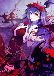 Rule 34 | 1girl, bat (animal), blue hair, breasts, cleavage, closed mouth, del depths, dress, flower, gloves, large breasts, lipstick, long hair, looking at viewer, makeup, maria traydor, nail polish, pointy ears, red eyes, red flower, red rose, rose, single glove, smile, solo, star ocean, star ocean anamnesis, star ocean till the end of time, thorns, vampire