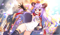 Rule 34 | 1girl, :d, angelic link, black gloves, black thighhighs, blurry, blurry background, blush, breasts, candle, candlestand, cape, covered navel, crown, depth of field, dutch angle, fire, gloves, hair between eyes, hand on own hip, horns, long hair, looking at viewer, mauve, mini crown, old school swimsuit, one-piece swimsuit, open mouth, outstretched arm, purple hair, red cape, red eyes, school swimsuit, small breasts, smile, solo, standing, swimsuit, thighhighs, v-shaped eyebrows, very long hair, watermark