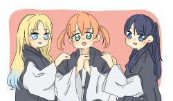 3girls :d :o blonde_hair blue_eyes blue_hair blush border commentary_request gradient_hair grey_kimono hinoshita_kaho japanese_clothes kimono link!_like!_love_live! long_hair looking_at_viewer love_live! mao_(maooo_049) multicolored_hair multiple_girls murano_sayaka open_mouth orange_hair osawa_rurino outside_border pink_background seeno_de!_hasu_no_sora! short_hair simple_background smile twintails two_side_up virtual_youtuber white_border