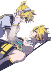 Rule 34 | 2boys, akiyoshi (tama-pete), blonde hair, clone, crying, crying with eyes open, detached sleeves, headphones, kagamine len, kagamine len (append), lying, multiple boys, on back, sailor collar, see-through, see-through sleeves, short hair, short sleeves, shorts, straddling, tears, vocaloid, vocaloid append