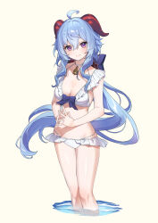 Rule 34 | 1girl, absurdres, ahoge, bare shoulders, bell, bikini, blue hair, blush, breasts, cleavage, collarbone, frilled bikini, frills, ganyu (genshin impact), genshin impact, goat horns, hair between eyes, highres, horns, large breasts, long hair, looking at viewer, low ponytail, medium breasts, mo (mo80 rr), navel, neck bell, official alternate costume, partially submerged, purple eyes, sidelocks, simple background, smile, solo, swimsuit, water, white background, white bikini