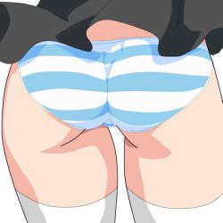 Rule 34 | 1girl, ass, ass focus, bad id, bad pixiv id, female focus, momoiro tanuki, original, panties, simple background, solo, striped clothes, striped panties, thighhighs, underwear, white background, white thighhighs