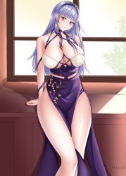 Rule 34 | 1girl, absurdres, azur lane, breasts, center opening, cleavage, criss-cross halter, dido (anxious bisque doll) (azur lane), dido (azur lane), dress, dress straps, hairband, halter dress, halterneck, headband, highres, large breasts, long dress, long hair, looking at viewer, official alternate costume, pelvic curtain, pink eyes, purple dress, purple hair, purple hairband, purple headband, smile, solo, standing, thighs, window, zhangdage