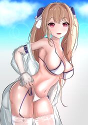 Rule 34 | 1girl, absurdres, anchorage (azur lane), armpits, azur lane, bare shoulders, bikini, blonde hair, breasts, cleavage, cloud, collarbone, commentary, english commentary, hair between eyes, highres, jacket, large breasts, leaning forward, looking at viewer, navel, official alternate costume, pakciknasilemak, parted lips, red eyes, see-through, see-through jacket, sidelocks, sky, stomach, sweat, swimsuit, twintails