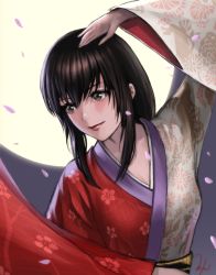 Rule 34 | 1girl, absurdres, black hair, breasts, brown eyes, cleavage, fighting stance, floral print, full moon, highres, japanese clothes, kimono, lips, long hair, moon, multicolored clothes, multicolored kimono, murasaki-sin, obi, print kimono, sash, sega, small breasts, solo, umenokouji aoi, upper body, virtua fighter, wide sleeves