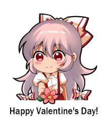 Rule 34 | 1girl, baggy pants, bow, collared shirt, english text, flower, fujiwara no mokou, hair bow, happy valentine, hime cut, jokanhiyou, long hair, pants, red eyes, red pants, shirt, sidelocks, simple background, smile, solo, suspenders, touhou, valentine, very long hair, white background, white bow, white hair, white shirt