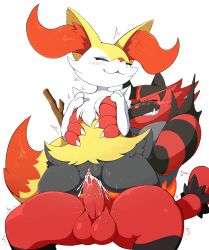 Rule 34 | 1boy, 1girl, :3, animal ears, animal hands, blush, braixen, cat ears, cat tail, claws, clitoris, closed eyes, creatures (company), cum, cum in pussy, ejaculation, erection, fang, fox ears, fox tail, furry, game freak, gen 6 pokemon, gen 7 pokemon, girl on top, hands up, hetero, highres, incineroar, interspecies, jaggy lines, motion lines, nintendo, orgasm, pata, penis, pokemon, pokemon (creature), pokemon sm, pokemon xy, pokephilia, pussy, pussy juice, sex, sharp teeth, sitting, smile, spread legs, stick, tail, teeth, testicles, transparent background, trembling, uncensored, vaginal