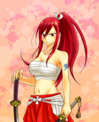 Rule 34 | 1girl, abstract background, bow, breasts, brown eyes, collarbone, dual wielding, erza scarlet, fairy tail, hair bow, hakama, hakama skirt, highres, holding, japanese clothes, kingyo (984), large breasts, long hair, midriff, navel, ponytail, red hair, red hakama, sarashi, skirt, smile, solo, sword, tattoo, weapon