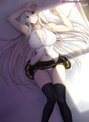 Rule 34 | 1girl, absurdres, armpits, azur lane, black thighhighs, breasts, cleavage, clothes lift, collared shirt, commentary, dutch angle, english commentary, enterprise (azur lane), feet out of frame, gluteal fold, grey hair, hair between eyes, highres, large breasts, long hair, lying, messy hair, navel, on back, on bed, panties, patreon logo, patreon username, pleated skirt, purple hair, shirt, skirt, skirt lift, sleeveless, sleeveless shirt, solo, thighhighs, underwear, vilde loh hocen, watermark, web address, white panties