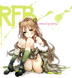 Rule 34 | 1girl, ankle cuffs, artist name, ass, asymmetrical legwear, bare shoulders, black footwear, bow, brown hair, camouflage, camouflage jacket, character name, commentary, dated, double bun, fishnet socks, fishnets, full body, fur-trimmed jacket, fur trim, girls&#039; frontline, green bow, green eyes, green skirt, green socks, hair bow, hair bun, highres, hugging own legs, jacket, knees up, mary janes, paint splatter, pinstripe legwear, pinstripe pattern, predict, rfb (girls&#039; frontline), shoes, sitting, skirt, socks, solo, striped clothes, striped socks, thighs, uneven legwear, vertical-striped clothes, vertical-striped socks, white background