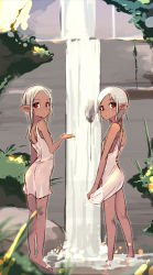 Rule 34 | 2girls, ass, bare legs, bare shoulders, barefoot, child, commentary, dark-skinned female, dark skin, day, dress, elf, highres, long hair, looking at viewer, looking back, maze (gochama ze gohan), multiple girls, nature, no bra, no panties, original, outdoors, outstretched hand, pointy ears, red eyes, see-through, sundress, water, waterfall, wet, wet clothes, white dress, white hair