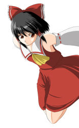 Rule 34 | 1girl, black hair, bow, brown eyes, detached sleeves, dress, female focus, hair bow, hair tubes, hakurei reimu, kanzuki yuu, long sleeves, outstretched arms, red bow, red dress, ribbon-trimmed sleeves, ribbon trim, serious, short hair, sidelocks, simple background, solo, touhou, white background