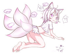 Rule 34 | 1girl, all fours, animal ears, barefoot, blush, feet, fox ears, fox tail, highres, kitsune, looking at viewer, panties, pantyshot, parted lips, pink eyes, soles, tail, toes, underwear