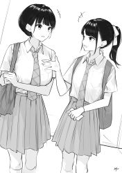 Rule 34 | +++, 2girls, :d, absurdres, backpack, bag, bow, breasts, cellphone, collared shirt, commentary request, eye contact, greyscale, hair bow, highres, holding, holding phone, kneehighs, looking at another, medium breasts, mole, mole under eye, monochrome, multiple girls, necktie, open mouth, original, phone, plaid neckwear, pleated skirt, ponytail, school bag, school uniform, shirt, short hair, short sleeves, signature, skirt, smile, socks, takenoko no you