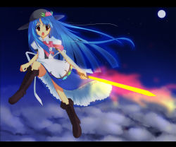 Rule 34 | 1girl, bad id, bad pixiv id, blue hair, boots, ebiebiebio, female focus, full body, hat, hinanawi tenshi, letterboxed, long hair, moonlight, outdoors, red eyes, sky, solo, sword, sword of hisou, touhou, very long hair, weapon