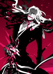 Rule 34 | 1boy, bad id, bad pixiv id, beard, blood, blood from mouth, facial hair, fate/apocrypha, fate (series), injury, koshiro itsuki, long hair, looking at viewer, male focus, monochrome, open mouth, smile, solo, vlad iii (fate/apocrypha)