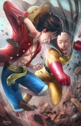 Rule 34 | 2boys, absurdres, bald, black hair, blue shorts, crossover, fighting, gloves, hat, highres, male focus, monkey d. luffy, multiple boys, nopeys, one-punch man, one piece, open mouth, red gloves, saitama (one-punch man), shorts, smile, straw hat