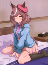 Rule 34 | 1girl, absurdres, alternate costume, animal ears, bed, beret, breasts, casual, commentary request, commission, ears through headwear, full body, hair ornament, hairclip, hat, highres, horse ears, horse tail, looking at viewer, matikane tannhauser (umamusume), medium breasts, medium hair, pillow, shiodanx, sitting, skeb commission, smile, solo, tail, tissue, umamusume, wariza, yellow eyes