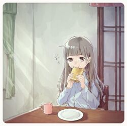 Rule 34 | 1girl, bread, bread slice, comeco, commentary request, cup, eating, food, grey eyes, grey hair, indoors, long hair, pajamas, plate, sitting, solo, sora yori mo tooi basho, tamaki rin, tearing up, toast