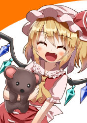 Rule 34 | 1girl, ^ ^, arm at side, arm up, ascot, blonde hair, blush, closed eyes, commentary request, cowboy shot, facing viewer, fang, flandre scarlet, frilled shirt collar, frills, hair between eyes, happy, hat, hat ribbon, highres, holding, holding stuffed toy, leaning to the side, mob cap, open mouth, orange background, pink hat, puffy short sleeves, puffy sleeves, red skirt, red vest, ribbon, shirt, short hair, short sleeves, side ponytail, simple background, skirt, skirt set, solo, stuffed animal, stuffed toy, sugiyama ichirou, teddy bear, touhou, two-tone background, vest, white background, white shirt, wings, yellow ascot