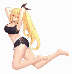 Rule 34 | 1girl, armpits, arms behind head, arms up, bare arms, bare legs, bare shoulders, barefoot, black shirt, black shorts, blonde hair, breasts, cleavage, closed mouth, commission, crop top, dolphin shorts, drawstring, feet, hair ribbon, highres, large breasts, legs, long hair, looking at viewer, midriff, navel, original, ponytail, red eyes, ribbon, shirt, short shorts, shorts, simple background, siun, sleeveless, sleeveless shirt, solo, sports bra, stomach, taut clothes, taut shirt, thighs, toes, twisted torso, very long hair, white background