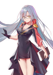 Rule 34 | 1girl, absurdres, black dress, black gloves, book, breasts, character request, cleavage, closed mouth, dress, feet out of frame, glasses, gloves, grey hair, highres, holding, holding book, ironmarch, long hair, looking at viewer, medium breasts, orange eyes, serious, solo, standing, warship girls r, white background