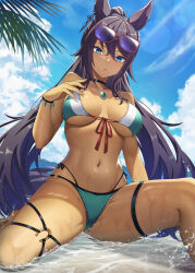 Rule 34 | 1girl, alternate costume, alternate hairstyle, animal ears, bikini, black hair, blue eyes, blue sky, blush, breasts, cameltoe, cleavage, cloud, cloudy sky, commentary, dark-skinned female, dark skin, earrings, eyewear on head, front-tie bikini top, front-tie top, green bikini, hair between eyes, highres, horse ears, horse girl, horse tail, horseshoe ornament, jewelry, large breasts, long hair, looking at viewer, navel, necklace, o-ring, o-ring bikini, o-ring bottom, ocean, outdoors, palm tree, parted lips, single earring, sky, solo, spread legs, sunglasses, swimsuit, symboli kris s (umamusume), tail, thigh strap, tree, twintails, umamusume, underboob, vococo, water, wet