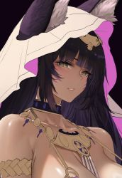 Rule 34 | 1girl, animal ears, azur lane, bare shoulders, black choker, breasts, choker, cleavage, dishwasher1910, ears through headwear, from side, grey eyes, large breasts, looking at viewer, musashi (azur lane), purple hair, slit pupils, solo, unfinished, upper body
