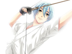 Rule 34 | 1boy, arrow (projectile), bow (weapon), brown eyes, closed mouth, drawing bow, game cg, hair between eyes, holding, holding bow (weapon), holding weapon, japanese clothes, kanakubo homare, kimono, male focus, short sleeves, simple background, smile, solo, starry sky (game), upper body, weapon, white background