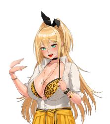 Rule 34 | 1girl, :d, absurdres, animal print, black choker, blonde hair, blush, bra, bra peek, bracelet, breasts, chancer, checkered clothes, checkered skirt, choker, cleavage, clothes around waist, eyewear hang, fang, fanning self, goddess of victory: nikke, green eyes, hair between eyes, highres, jacket, jacket around waist, jewelry, large breasts, leopard print, long hair, open mouth, ponytail, rupee (nikke), scrunchie, shirt, simple background, skirt, smile, solo, sunglasses, sweat, thighlet, unbuttoned, unbuttoned shirt, underwear, unworn eyewear, white background, white shirt, wrist scrunchie, yellow jacket, yellow skirt