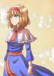 Rule 34 | 1girl, alice margatroid, blonde hair, blue dress, blue eyes, capelet, dress, expressionless, gradient background, hairband, highres, light frown, lolita hairband, long sleeves, looking to the side, nip to chip, ribbon, sash, short hair, solo, texture, touhou, yellow background