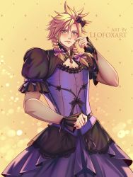 Rule 34 | 1boy, absurdres, artist name, blonde hair, blue eyes, blush, bow, braid, brooch, cloud strife, crossdressing, dress, embarrassed, final fantasy, final fantasy vii, final fantasy vii remake, frilled sleeves, frills, hair bow, highres, jewelry, leofoxart, official alternate costume, solo, square enix, twin braids, upper body, wall market, yellow background