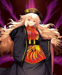 Rule 34 | 1girl, abusoru, black dress, chinese clothes, dress, energy, fox tail, hand on own face, hat, highres, junko (touhou), long hair, long sleeves, looking at viewer, multiple tails, nail polish, obi, orange hair, red eyes, sash, smile, solo, tabard, tail, touhou, wide sleeves