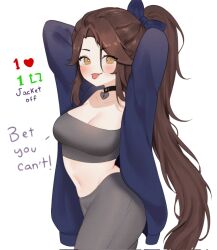 Rule 34 | 1girl, absurdly long hair, arms behind head, arms up, bandaid, bare shoulders, black choker, blush, breasts, brown eyes, brown hair, choker, cleavage, coat, collarbone, contrapposto, cowboy shot, cropped shirt, english text, grey shirt, hair between eyes, heart, heart-shaped pupils, heart choker, highres, large breasts, long hair, looking at viewer, meme, midriff, navel, off-shoulder shirt, off shoulder, open clothes, open coat, original, pants, shirt, simple background, sky above me, solo, symbol-shaped pupils, tight clothes, tight pants, tongue, tongue out, twitter strip game (meme), very long hair, white background