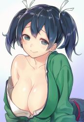 Rule 34 | 10s, 1girl, blue hair, breasts, clothes down, collarbone, colorized, green eyes, hair between eyes, hair ribbon, hakama, hakama skirt, highres, japanese clothes, kantai collection, large breasts, looking at viewer, off shoulder, ribbon, shiny skin, skirt, smile, solo, souryuu (kancolle), twintails, upper body, yurizuka (sergeant heart)