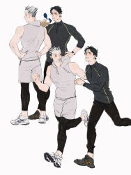 Rule 34 | 2boys, akaashi keiji, black eyes, black footwear, black hair, black jacket, black pants, bokuto koutarou, bottle, chengongzi123, closed mouth, commentary, drink, full body, grey hair, grey hoodie, grey shorts, haikyuu!!, hand on own hip, hands on own hips, hands up, highres, holding, holding drink, hood, hood down, hoodie, jacket, looking at another, male focus, multicolored hair, multiple boys, multiple views, open mouth, pants, parted lips, running, shoes, short hair, shorts, simple background, sleeveless, sleeveless hoodie, sneakers, sportswear, standing, streaked hair, sweat, symbol-only commentary, thick eyebrows, very short hair, watch, water bottle, white background, white footwear, wristwatch, yellow eyes