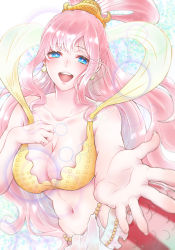Rule 34 | 1girl, absurdres, bikini, blue eyes, breasts, bubble, cleavage, earrings, highres, jewelry, large breasts, long hair, looking at viewer, mermaid, monster girl, navel, one piece, open mouth, palms, pink hair, ponytail, shirahoshi, smile, solo, swimsuit