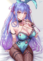 Rule 34 | 1girl, animal ears, aqua hairband, bare shoulders, black choker, blue hair, blue leotard, blush, breasts, bridal gauntlets, brown pantyhose, choker, cleavage, collarbone, commentary request, covered navel, fake animal ears, finger to mouth, fingernails, grin, hair ornament, hair ribbon, hairband, hand up, highres, large breasts, leotard, long fingernails, long hair, looking at viewer, mole, mole on breast, nail polish, original, pantyhose, parted lips, playboy bunny, purple eyes, purple nails, rabbit ears, ribbon, sakiyamama, sidelocks, signature, sitting, smile, teeth, thighs, two side up, wide hips