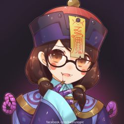 Rule 34 | 1girl, black-framed eyewear, blood, blue hat, blush stickers, brown eyes, brown hair, chinese clothes, claws, dress, dressing, eyelashes, facebook username, fangs, glasses, gradient background, hair ornament, hair tie, hand to own mouth, hat, head tilt, highres, jiangshi, jiangshi mei, kaoruru (sakuno2911), looking at viewer, low twintails, medium hair, mei (overwatch), official alternate costume, ofuda, open mouth, overwatch, overwatch 1, purple dress, qingdai guanmao, rope, sleeves past wrists, smile, solo, twintails, upper body, watermark, web address