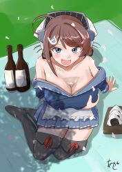 Rule 34 | 1girl, akashieru, alcohol, apron, bandana, blue sailor collar, blue serafuku, blue skirt, bottle, breasts, brown hair, bust cup, chougei (kancolle), cleavage, commentary request, grey eyes, hair ornament, hair rings, hairclip, headgear, highres, kantai collection, large breasts, neckerchief, pleated skirt, sailor collar, sake, sake bottle, school uniform, serafuku, sitting, skirt, smile, solo, thighhighs, waist apron, white apron, white neckerchief, yokozuwari