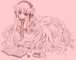 Rule 34 | 1girl, all fours, blush, book, bow, carnelian, cup, dress, embarrassed, flower, frills, gathers, gosick, gothic lolita, hair flower, hair ornament, hairband, headdress, hime cut, lace, lolita fashion, lolita hairband, long hair, looking at viewer, monochrome, open book, pink theme, reading, ribbon, simple background, sketch, smoking pipe, solo, tea, teacup, very long hair, victorica de blois