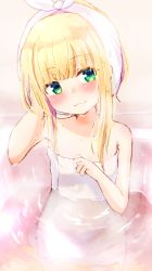 Rule 34 | 1girl, :3, baram, bath, bathing, bathtub, blonde hair, blush, breasts, closed mouth, commentary request, glint, green eyes, head tilt, highres, jewelry, mononobe alice, naked towel, nijisanji, partially submerged, ring, sidelocks, small breasts, smile, solo, towel, virtual youtuber, water