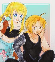 Rule 34 | 1990s (style), 1boy, 1girl, :d, ahoge, aqua background, bare shoulders, black shirt, black tank top, blonde hair, blue background, blue eyes, blush, border, braid, braided ponytail, breasts, brown gloves, clothes around waist, collarbone, curtained hair, edward elric, fukatsuki mizuki, fullmetal alchemist, gloves, gradient background, grey border, hand on own cheek, hand on own face, head rest, highres, holding, holding wrench, long hair, looking at another, mechanical arms, midriff, navel, open mouth, orange background, outside border, painting (medium), pants, ponytail, prosthesis, prosthetic arm, retro artstyle, shirt, sidelocks, simple background, single mechanical arm, sitting, small breasts, smile, strapless, sweatdrop, tank top, teeth, traditional media, tube top, two-tone background, upper teeth only, watercolor (medium), winry rockbell, wrench, yellow eyes